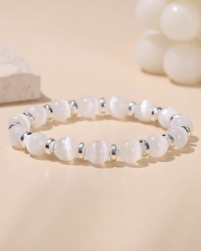 Bracelet En Pierre De Sélenite 10 Mm - Minéral Ajustable, Neuf Avec étiquettes